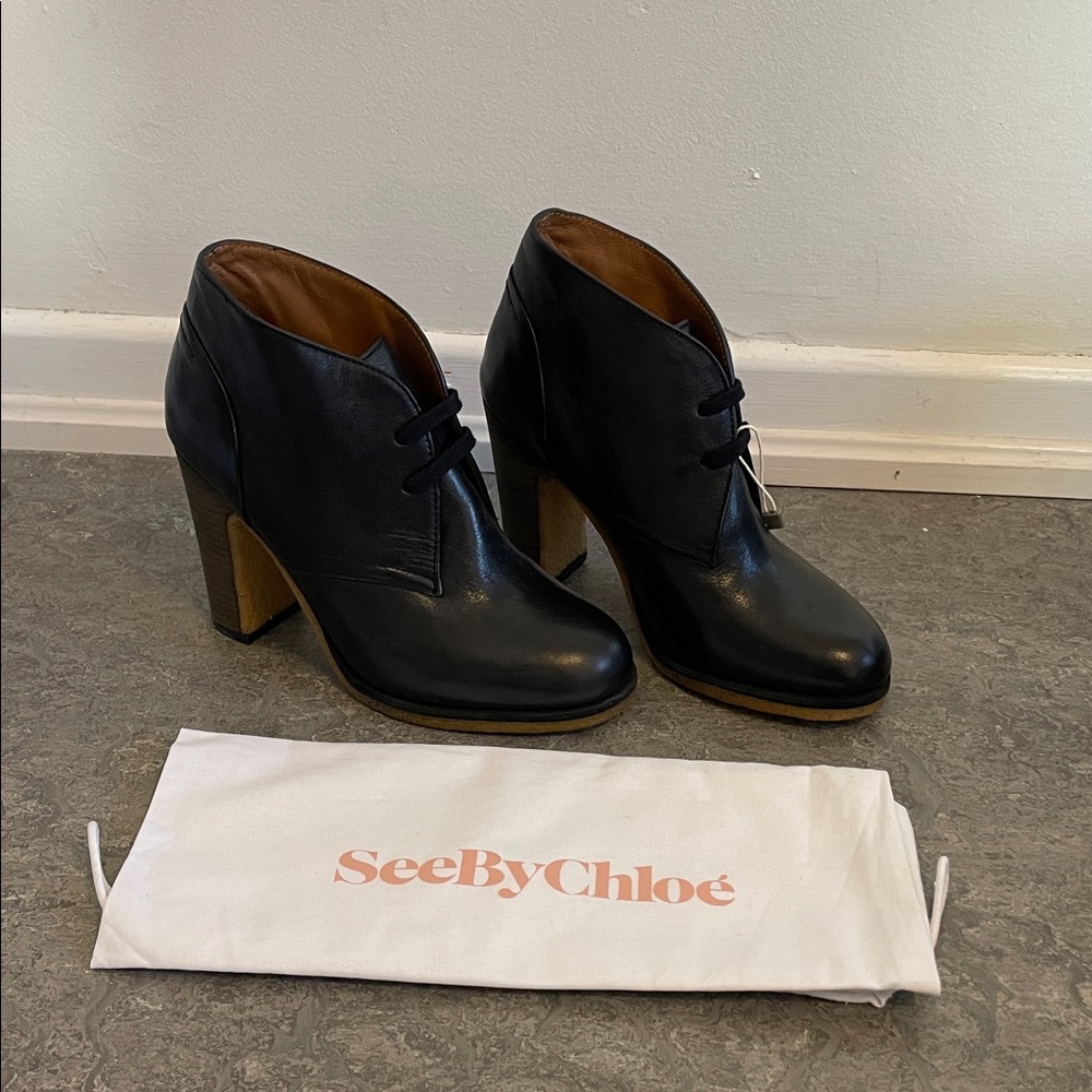 See By Chloe Black Leather Ankle Lace Up Booties